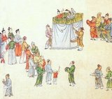 Story-tellers and puppeteers in China entertained city-dwellers with much the same stories that playwrights worked into their dramatic texts. Detail from a fourteenth-century handscroll in ink and colour on paper.
